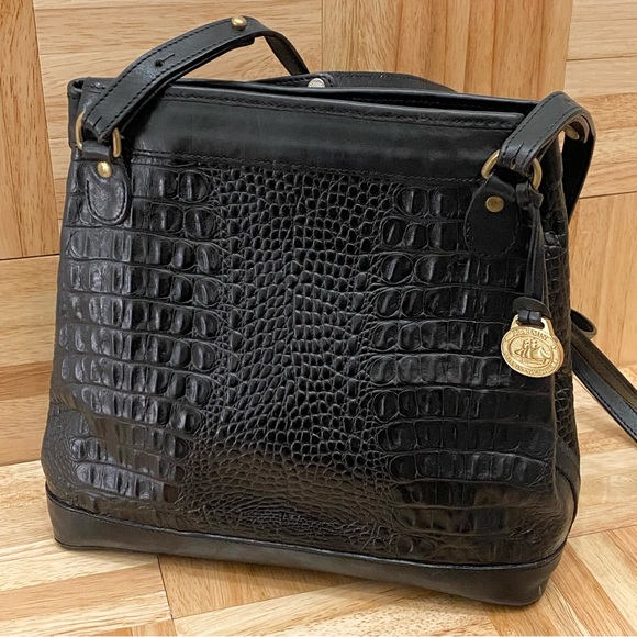 Vintage BRAHMIN Black Embossed Croc Leather Double Strap Bucket Shoulder Bag - Picture 1 of 16